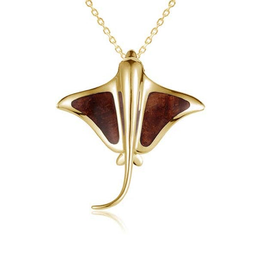 14K gold Pendant with a stingray design featuring Koa wood fins. 