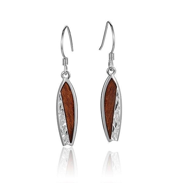 Sterling Silver and Wood Engraved Surfboard Hook Earrings