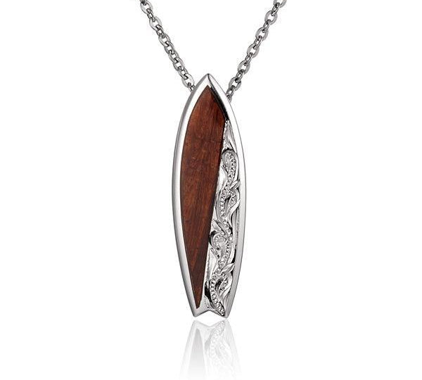 Sterling Silver and Wood Engraved Surfboard Pendant 