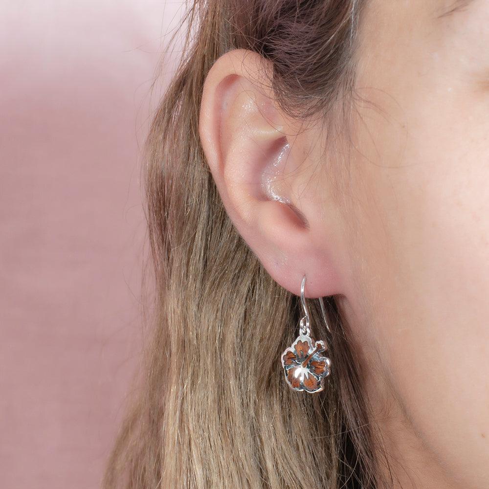 Koa Wood Hibiscus Earrings Earrings Island by Koa Nani Hook Earrings 