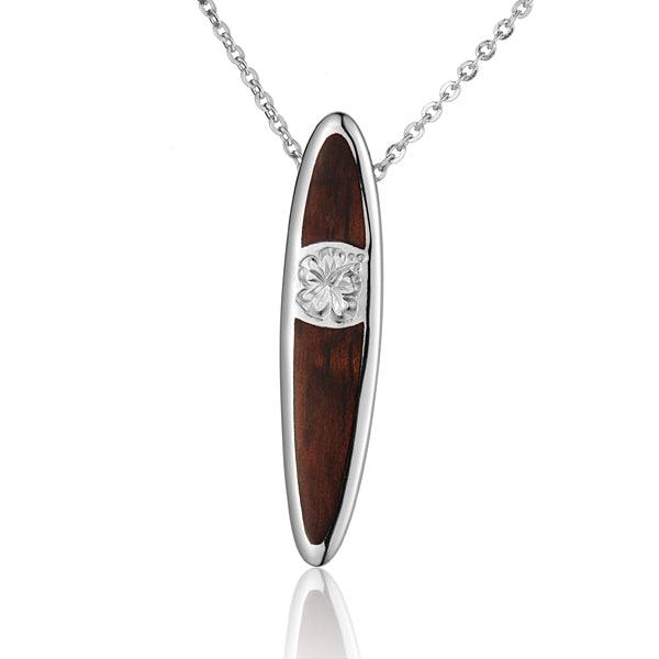 Sterling Silver and Wood Surfboard Pendant with Hibiscus engraving 