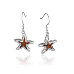Sterling Silver and Wood Starfish Hook Earrings 