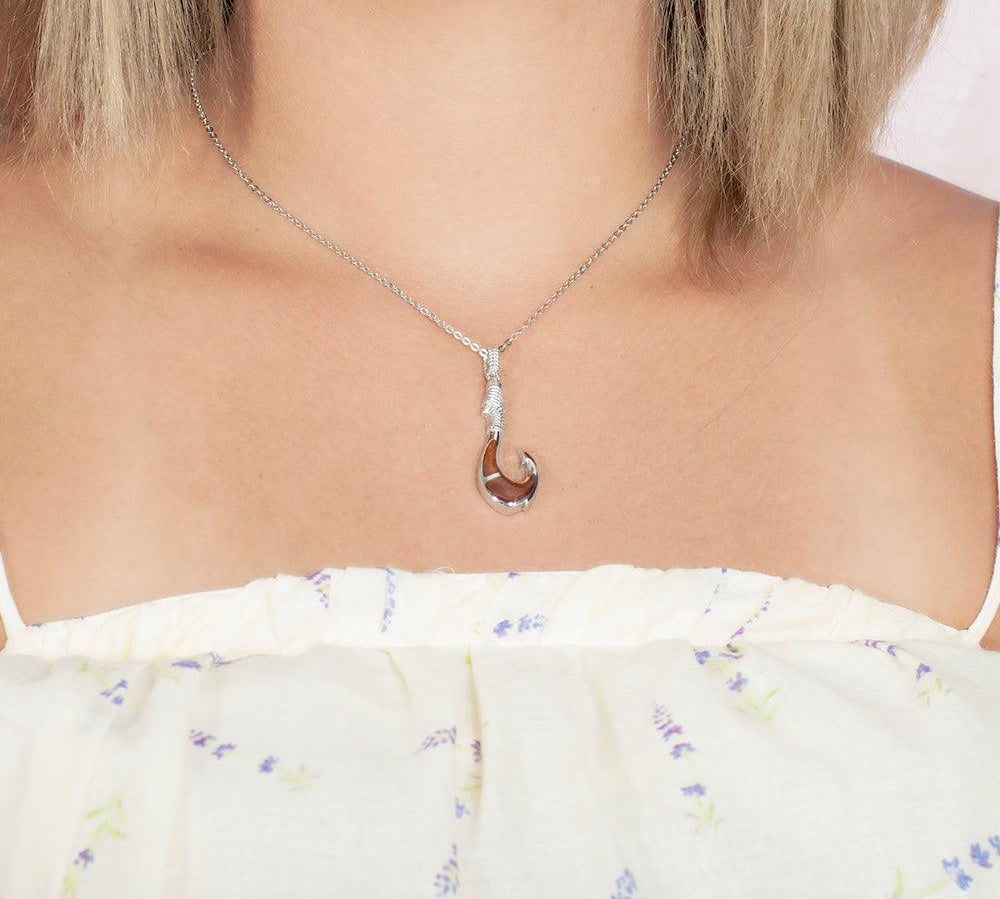 Sterling Silver and Wood Fishhook Pendant 