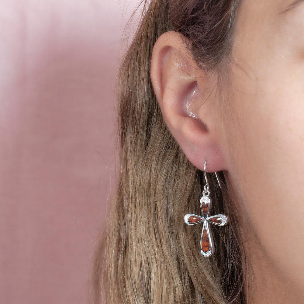 Sterling Silver and Wood Cross Hook Earrings with White Topaz