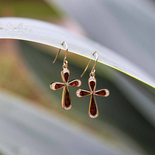 14K gold rounded Cross shaped earring with Koa wood on the cross. 