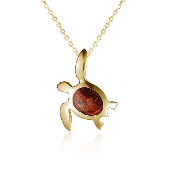 14K gold sea turtle pendant featuring a shell made out of Koa wood.