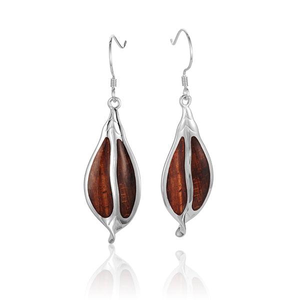 Sterling Silver and Wood Leaf Hook Earrings 
