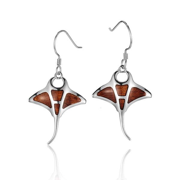 Sterling Silver and Wood Manta Ray Hook Earrings 