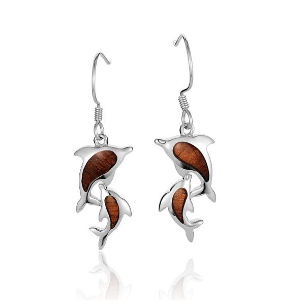 Sterling Silver and Wood Double Dolphin Hook Earrings 