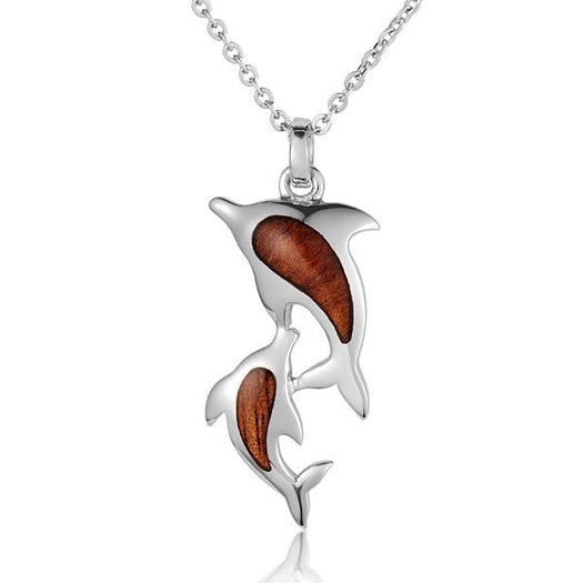 Sterling Silver and Wood Double Dolphin Pendant  