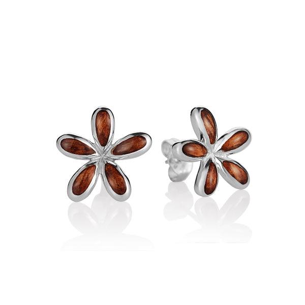 Sterling Silver and Wood Jasmine Flower Stud Earrings 