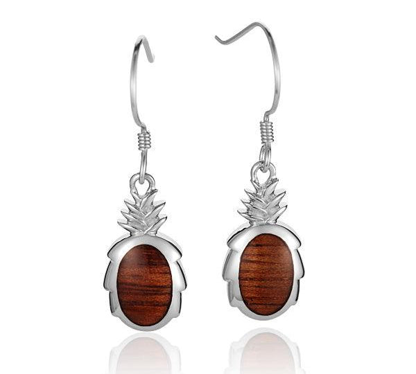 Sterling Silver and Wood Pineapple Hook Earrings 