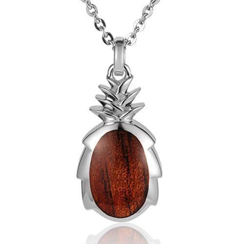 In this photo there is a large sterling silver and koa wood pineapple pendant.