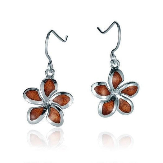 Sterling Silver and Wood Plumeria Flower Hook Earrings  