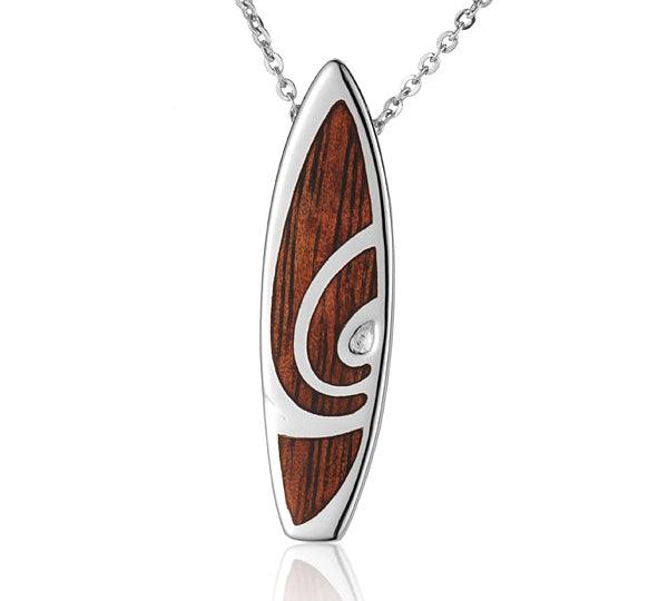 Sterling Silver and Wood Surfboard Swirl Pendant with White Topaz 