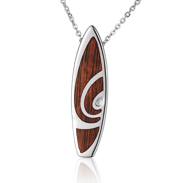 Sterling Silver and Wood Surfboard Swirl Pendant with White Topaz 