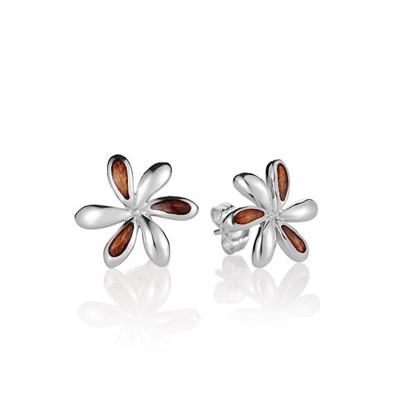 Sterling Silver and Wood Tiare Flower Stud Earrings 