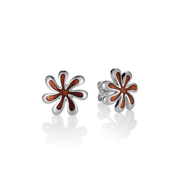 Sterling Silver and Wood Tiare Flower Stud Earrings 