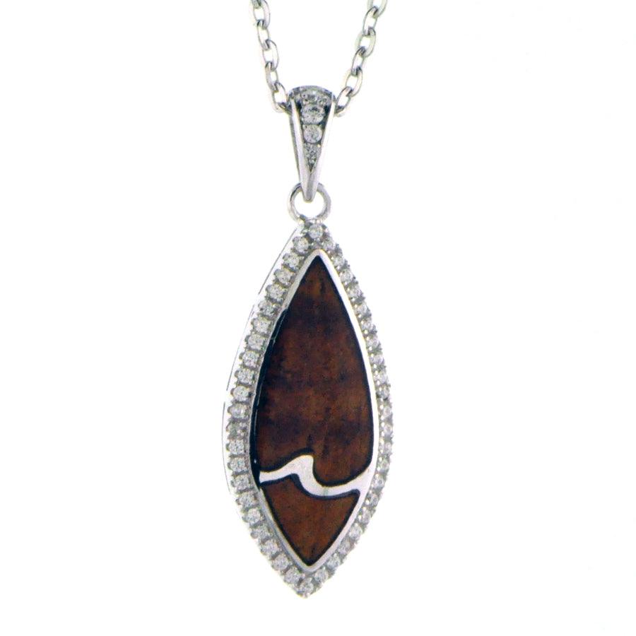 Sterling Silver and Wood Wave Mandorla Pendant with White Topaz