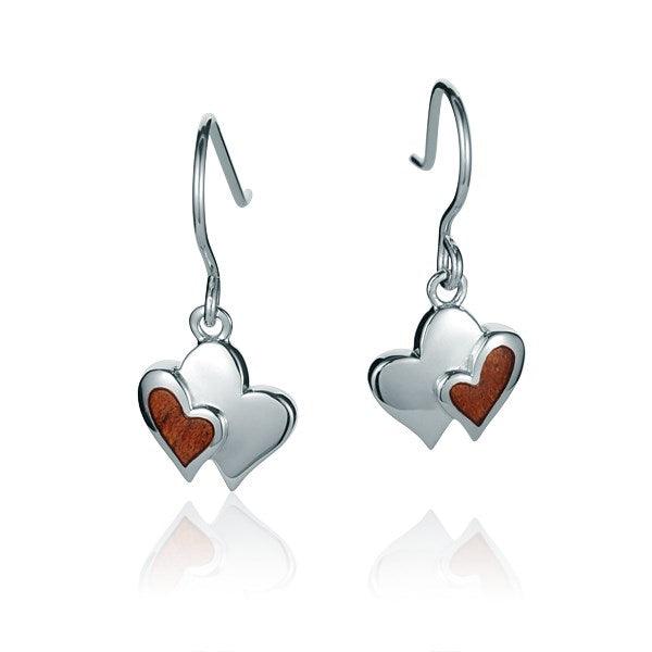 Sterling Silver and Wood Double Heart Hook Earrings 