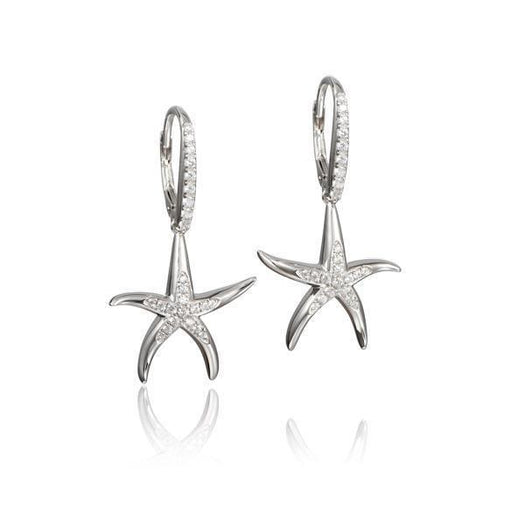 The picture shows a pair of 925 sterling silver starfish lever-back earrings with topaz