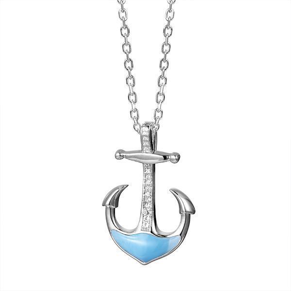 In this photo there is a sterling silver anchor pendant with blue larimar and topaz gemstones.