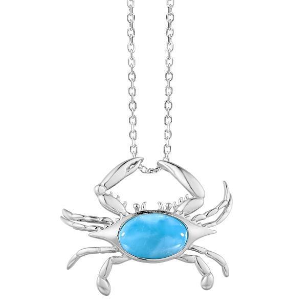 The picture shows a 925 sterling silver larimar blue crab pendant.