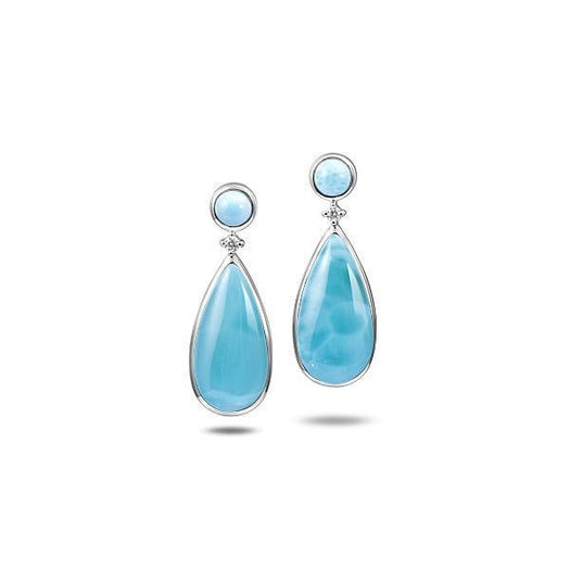 The picture shows a pair of 925 sterling silver larimar teardrop earrings.