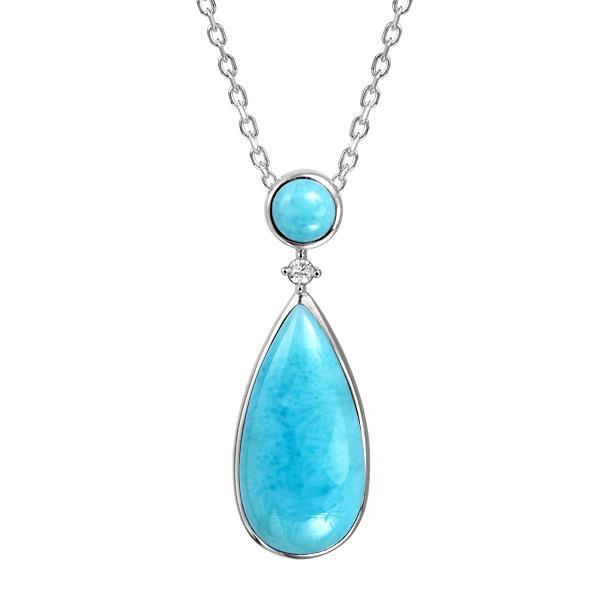 The picture shows a 925 sterling silver larimar teardrop pendant with topaz.