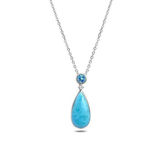 The picture shows a 925 sterling silver larimar teardrop pendant with aquamarine and cubic zirconia.
