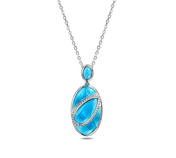 The picture shows a 925 sterling silver larimar pendant with aquamarine and topaz.