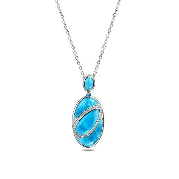 The picture shows a 925 sterling silver larimar pendant with aquamarine and topaz.