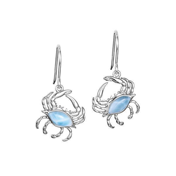 The picture shows a pair of 925 sterling silver larimar blue crab earrings.