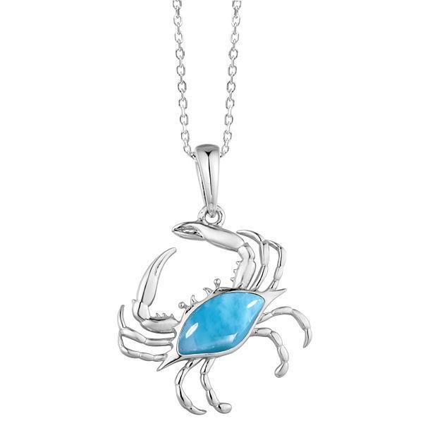 The picture shows a 925 sterling silver larimar blue crab pendant.