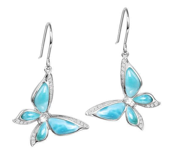 In this photo there is a pair of 925 sterling silver butterfly hook earrings with blue larimar and topaz gemstones.