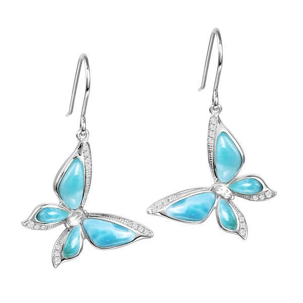 In this photo there is a pair of 925 sterling silver butterfly hook earrings with blue larimar and topaz gemstones.