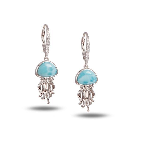 The picture shows a pair of 925 sterling silver larimar jellyfish lever back earrings with topaz