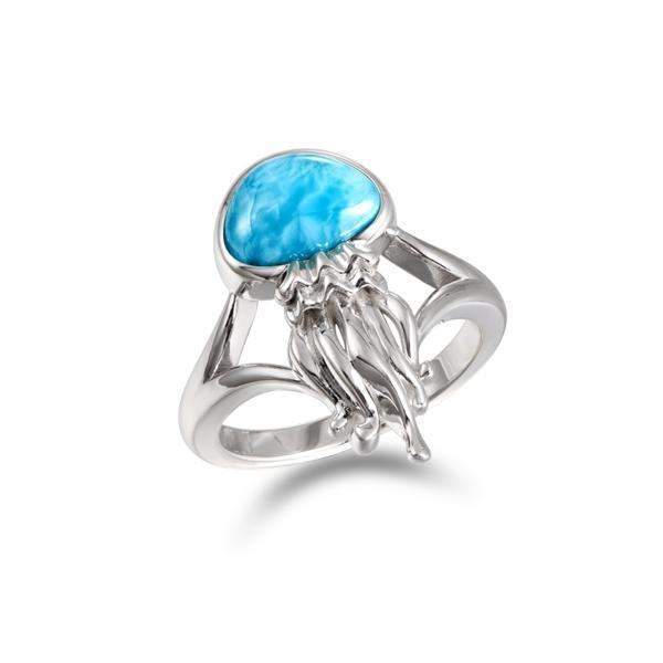 The picture shows a 925 sterling silver larimar jellyfish ring.