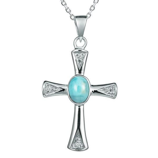 The picture shows a 925 sterling silver larimar centered cross pendant.