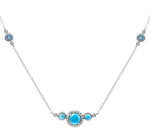 The picture shows a 14K white gold necklace with three larimar gemstones paired with diamonds and two aquamarine gemstones.