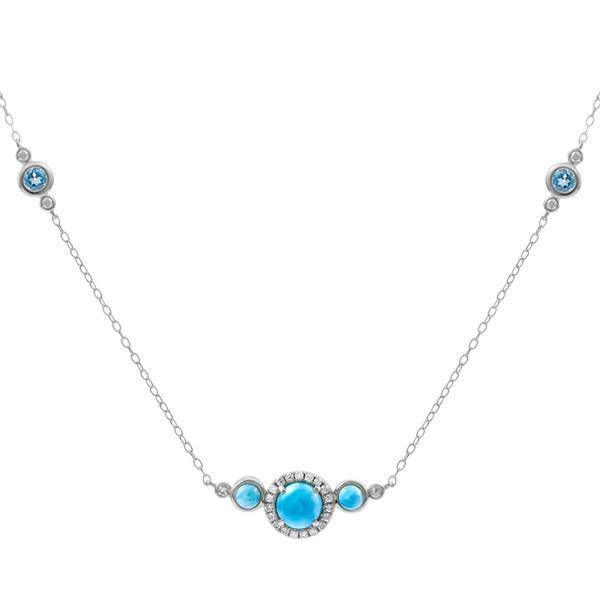 The picture shows a 14K white gold necklace with three larimar gemstones paired with diamonds and two aquamarine gemstones.