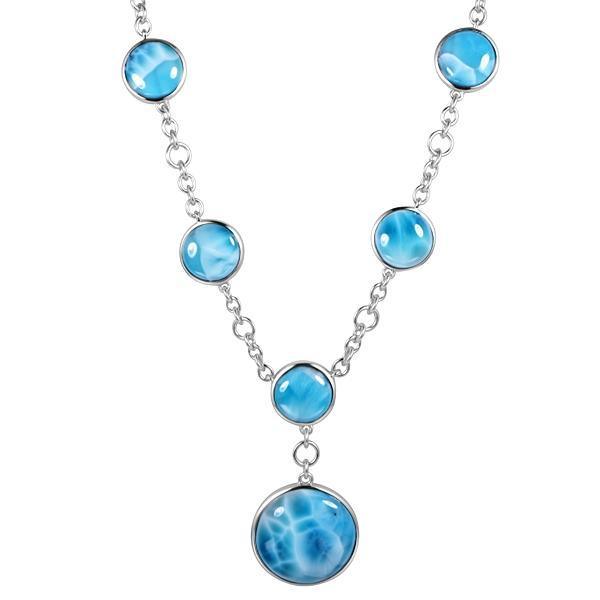 The picture shows a 925 sterling silver larimar circle charm necklace.