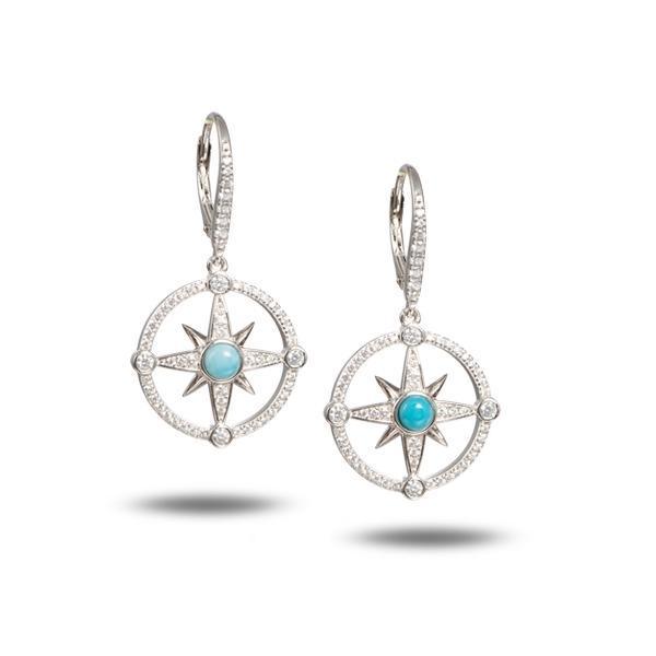 In this photo is a pair of 925 sterling silver compass lever-back earrings with blue larimar and topaz gemstones.