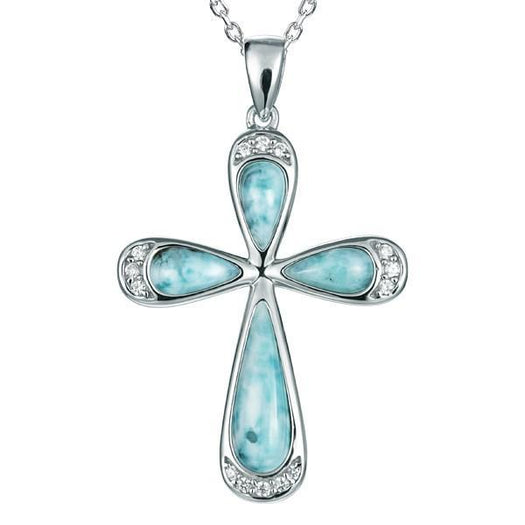 The picture shows a 925 sterling silver larimar cross pendant with topaz.