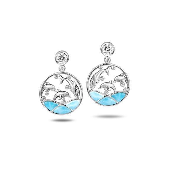 The picture shows a pair of 925 sterling silver larimar dolphin cove earrings with topaz