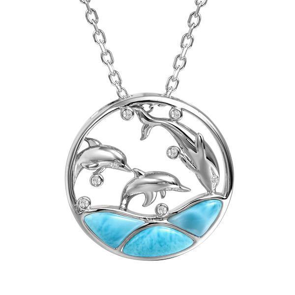The picture shows a 925 sterling silver larimar three jumping dolphins pendant with cubic zirconia.