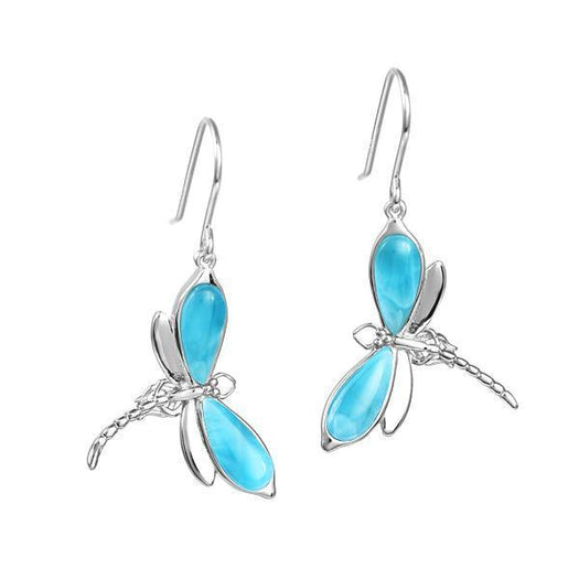 In this photo there is a pair of 925 sterling silver dragonfly hook earrings with blue larimar gemstones.