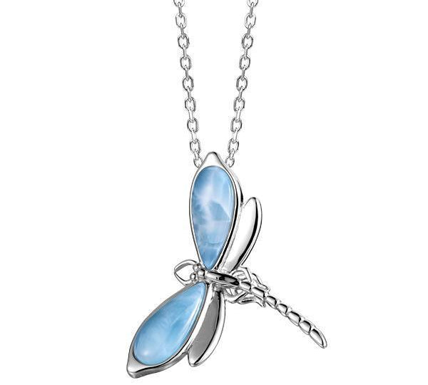 In this photo there is a sterling silver dragonfly pendant with blue larimar gemstones.