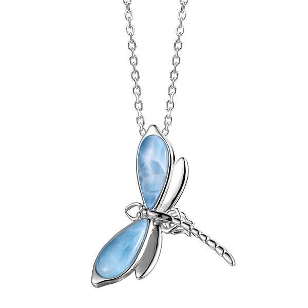 In this photo there is a sterling silver dragonfly pendant with blue larimar gemstones.