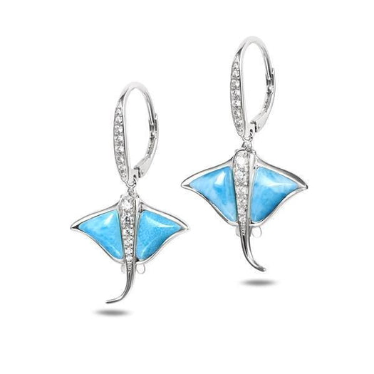The picture shows a pair of 925 sterling silver larimar eagle ray lever-back earrings with topaz